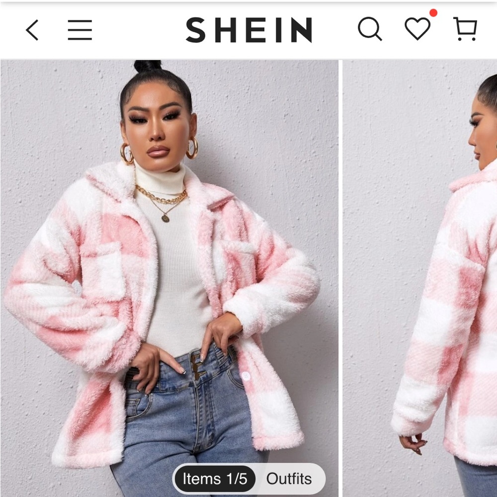 SHEIN SXY Buffalo Plaid Print Pocket Patched Fleece Coat